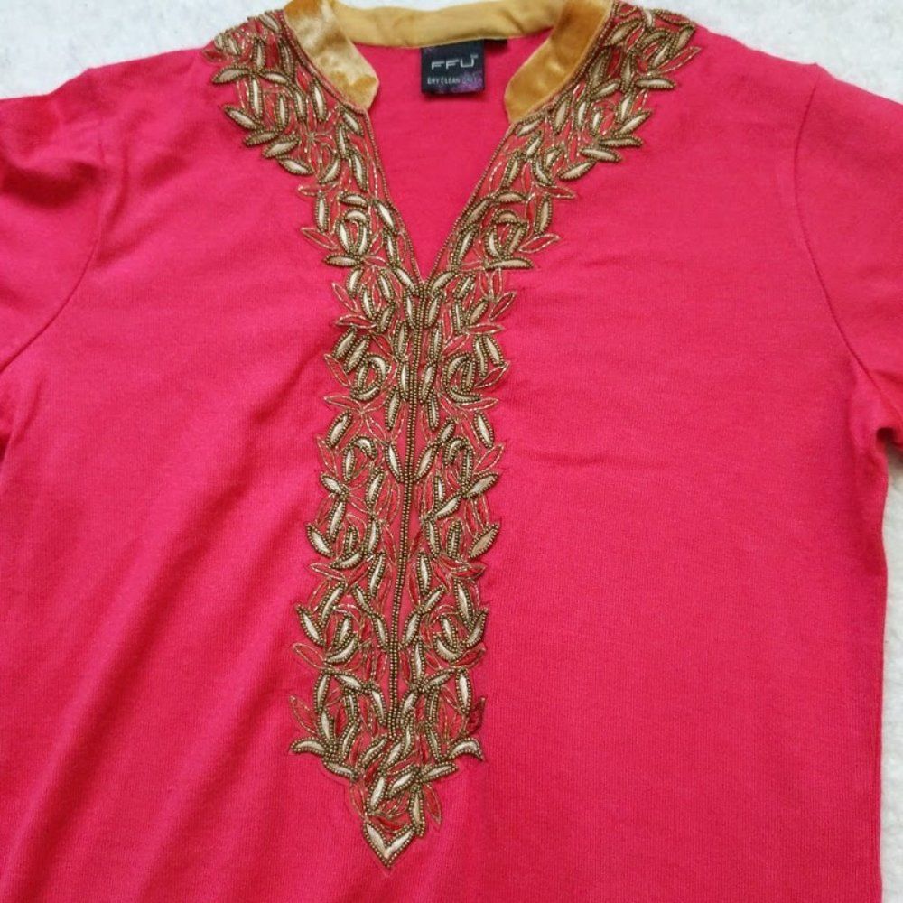 FFU Tunic Knit Dress Velvet Beading Kurta Formal South Asian India Embroidered - Picture 5 of 10